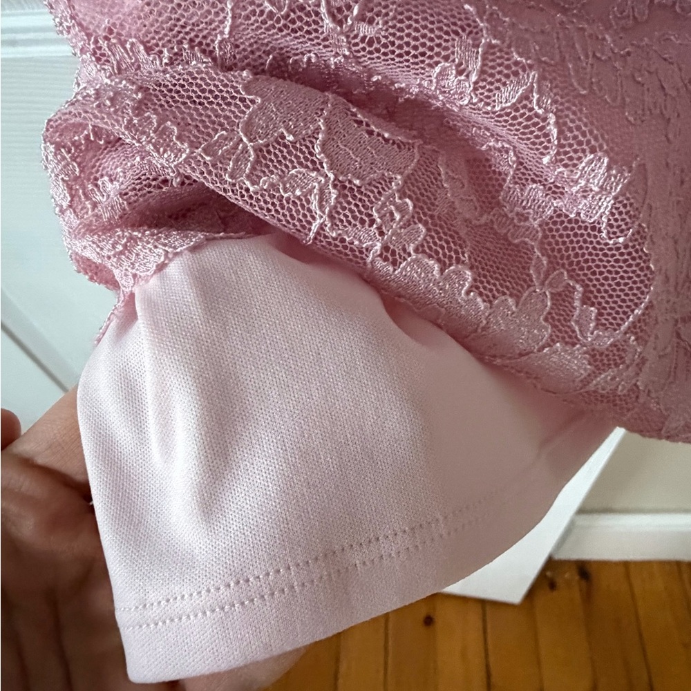 Laura Midi Dress Soft Pink Lace Floral Overlay Scalloped Bottom Chiffon Cape 12 - Picture 4 of 7